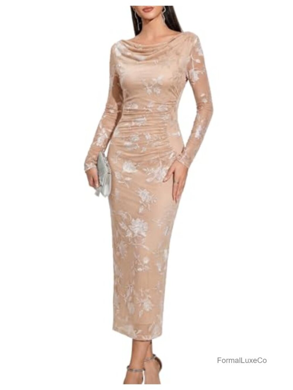 Glitter Mesh Midi Dress Long Sleeve Ruched Bodycon Cocktail Formal